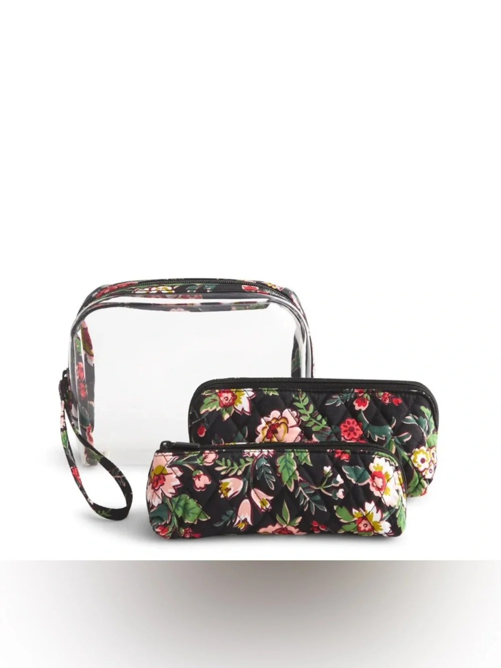 Vera Bradley 3 piece Makeup Cosmetic Pouch Travel Hidden Hearts Black Red Floral